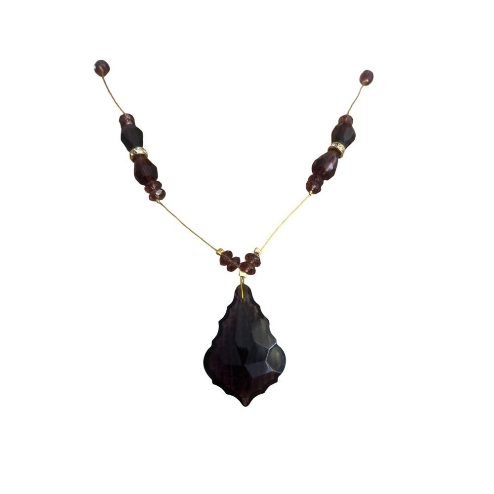 Faceted Amethyst Glass Pendant Necklace Gold Wire Toggle Clasp Illusion 26"